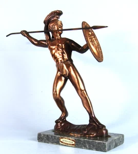 ACHILLES BRONZED METAL STATUE w/Shield & Spear 13" Greek Warrior Hellenic Art - Picture 1 of 11