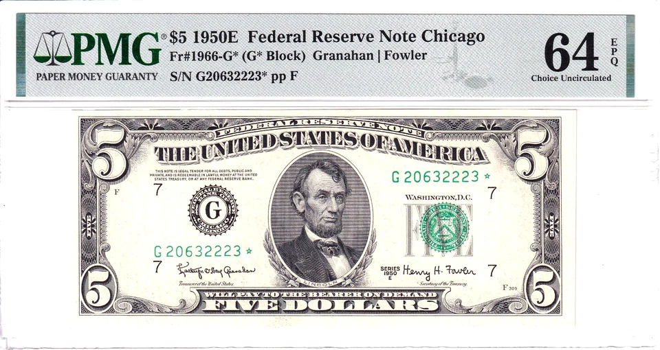 1950-E $5 Federal Reserve Note Chicago **STAR** PMG 64EPQ #G20632223* - Image 1 of 2
