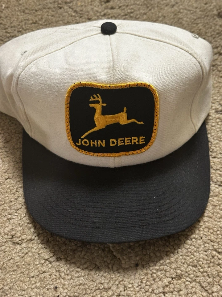 Vintage John Deere Patch Hat K Products Snapback Cap Beige Black Yellow 80s - Image 1 of 4