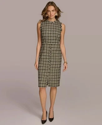 NUEVO CON ETIQUETAS $179 Vestido Vaina Donna Karan Negro/Blanco Talla 2 Pata de Gallo Sin Mangas Tweed Foto 1 de 4