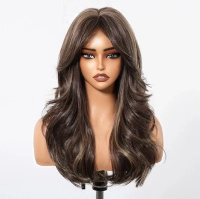 Peluca Disfraz Con Flequillo Mezcla Marrón Largo Ondulado Sintético Cabello Calor Foto 1 de 4
