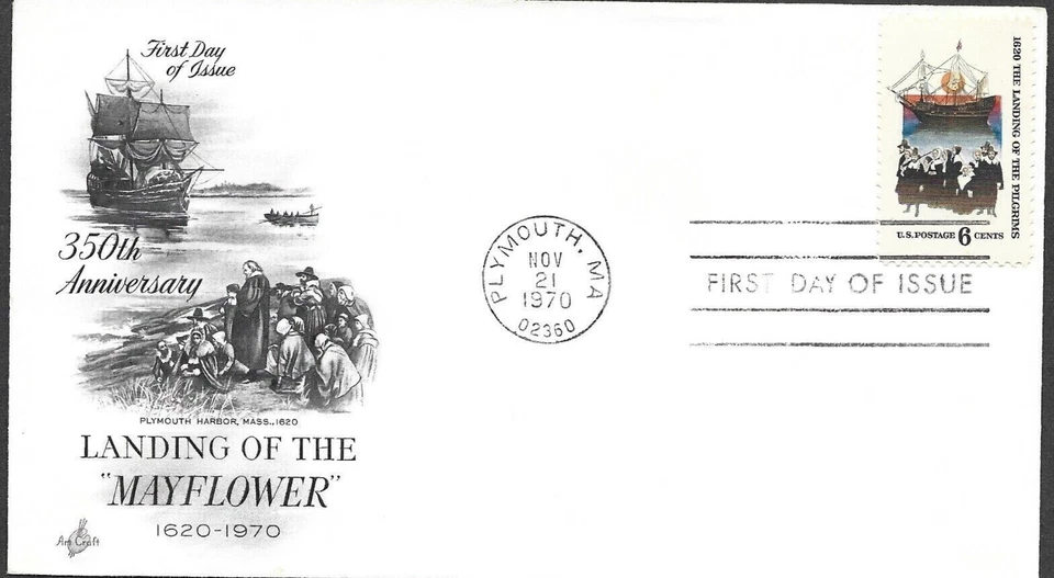 PILGRIM SHIP MAYFLOWER LANDS 1970 PLYMOUTH ROCK 1620 ARTCRAFT CACHET FDC  unad - Image 1 of 1