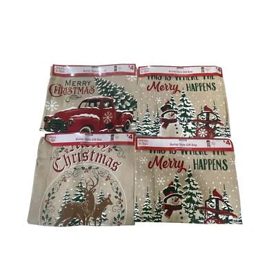 New 4 Pack Burlap Style Santa Sack Christmas Gift Bag Decoration Reindeer Truck - Image 1 of 4