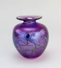 Whimsical Robert Held Iridescent Art Glass Modern Stout Purple Vase 4 1/8" Tall