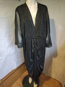 Vestido AX PARIS CURVE negro plateado forrado cuello en V transparente midi acanalado talla 26 NUEVO - Imagen 1 de 4