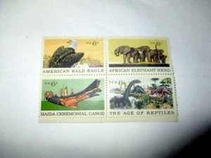 US Postage Stamps 6c 1970 Age of Reptiles American Bald Eagle Elephant Canoe - Picture 1 of 2
