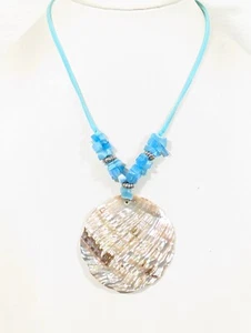 Large Round Shell Pendant Blue Faux Leather Cord Necklace Beach Coastal 24" - Picture 1 of 7