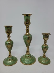 Vintage Set of 3 MCM Brass/Green Enamel Candle Holders Floral Design RARE!  - Picture 1 of 7