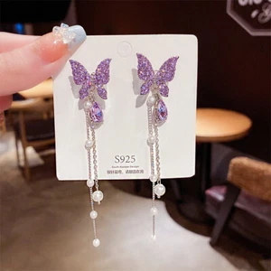 Purple Crystal Butterfly Pearl Long Tassel Earring Trendy Girl's Jewelry Gift - Picture 1 of 9