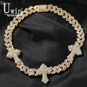 Cadena cubana de 15 mm con collar de 3 cruces completo helado circonita cúbica de moda - Imagen 1 de 14