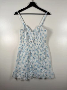 BNWT Hollister Womens Floral Eyelet Ruffled Mini Dress Smocked White Blue Sz L - Picture 1 of 11