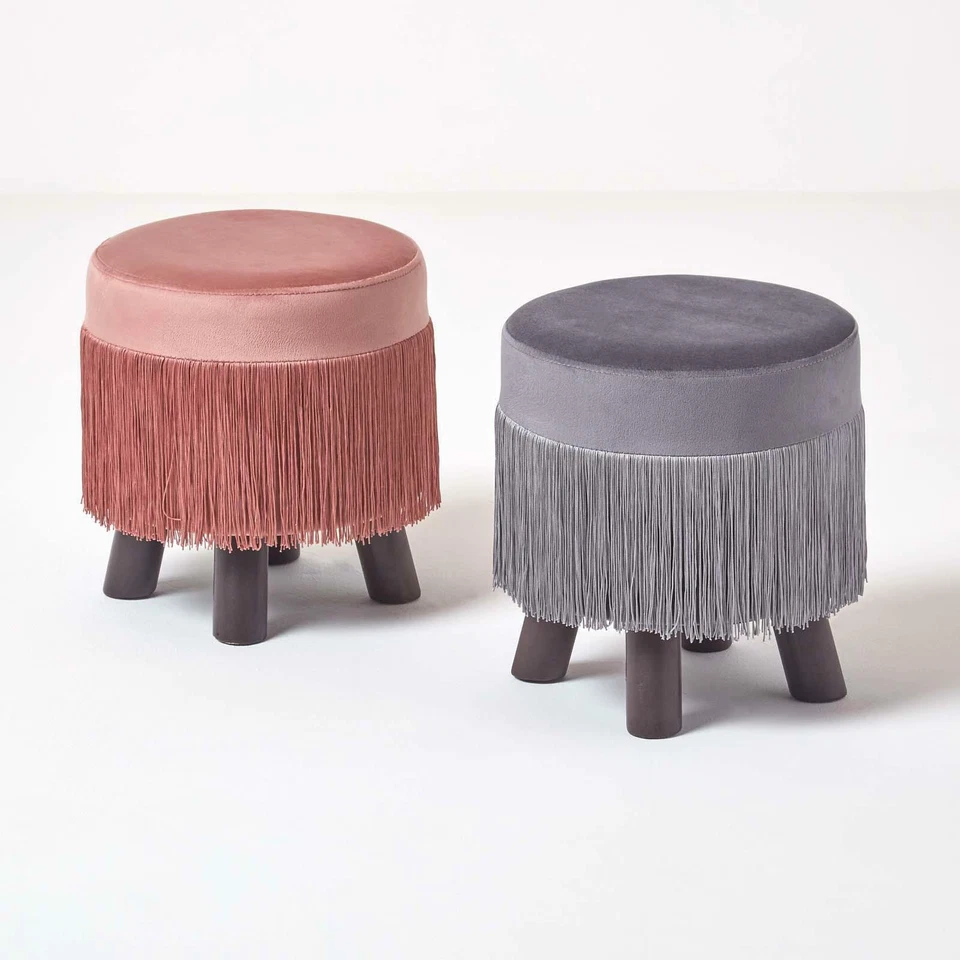 Warwick Velvet Round Footstool with Legs in Retro Style Fringe Tassels - Image 1 of 1