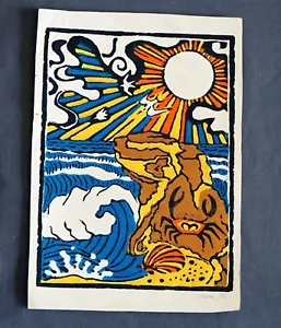 Big Sur Ocean Beach Scene With Crab Block Print Colored by 'Baru' Alan Eichman - Picture 1 of 2