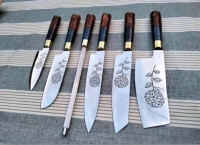 Juego de 6 cuchillos de chef de acero D2 hechos a mano personalizados con mango de madera Foto 1 de 3