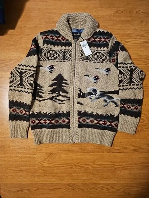 Polo Ralph Lauren Para Hombres Mezcla de Lana Cremallera Completa Gráfico Suéter Beige Talla Mediana Nuevo con Etiquetas Foto 1 de 4