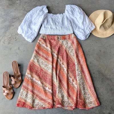 Falda midi vintage Laura Ashley Petite roja naranja a rayas seda talla 12P Foto 1 de 4