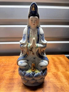 Vintage Porzellan Guanyin Statue - Fine Chinaware China - Blau Weiß Gold Akzent - Bild 1 von 6
