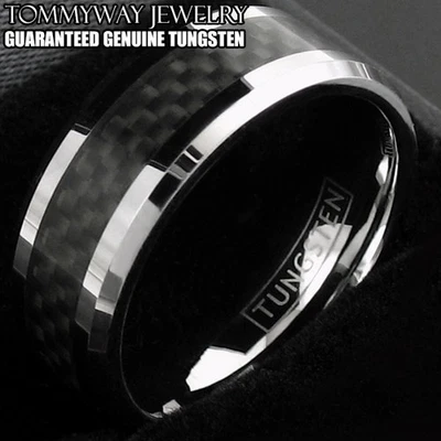 Tungsten Carbide Men's Ring Silver with Black Carbon Fiber Stripe Wedding Band - Image 1 of 4