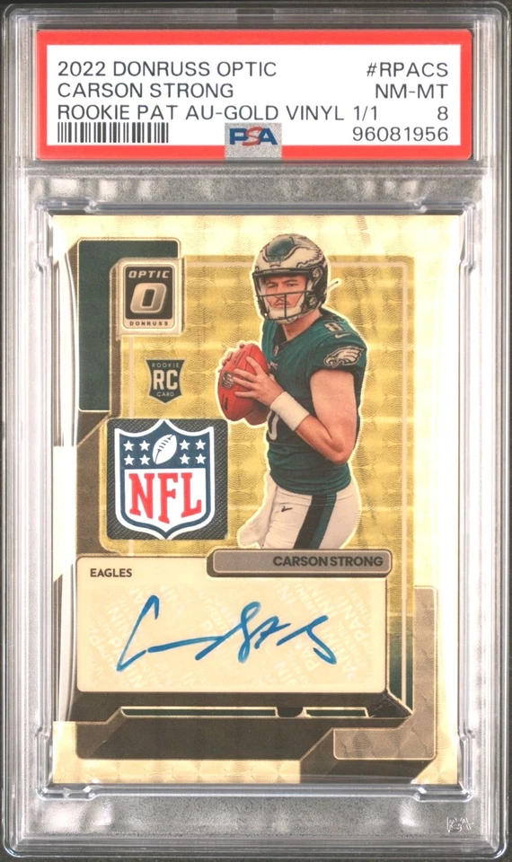 2022 CARSON STRONG DONRUSS OPTIC NFL SHIELD 1/1 GOLD VINYL NFL SHIELD RC PSA 8 - Image 1 of 4