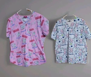 2 Large Women's HAPPY BUNNY Jim Benton Comic Scrub Shirt Top Cute Cartoon - Picture 1 of 12