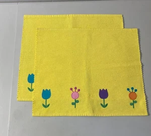 Set x2 Easter Decor Place Mat Spring Flower Yellow Ribbed Embroidered - Picture 1 of 4