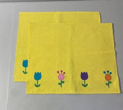 Set x2 Easter Decor Place Mat Spring Flower Yellow Ribbed Embroidered - Image 1 of 4