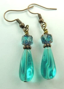 Briolette Türkis Tschechisch Glas Boho Chic Ohrhänger Handarbeit Schmuck - Bild 1 von 1