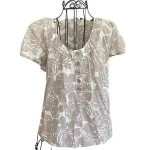 Boden hellbraun/cremefarben geblümt Kurzarm Boho Bauern Baumwolle Top Bluse Damengröße 12 - Bild 1 von 7