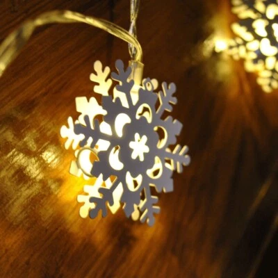 Alimentazione a Batteria Metallo Bianco Neve Timer Fairy Luci Caldo LED Natale - Immagine 1 di 3