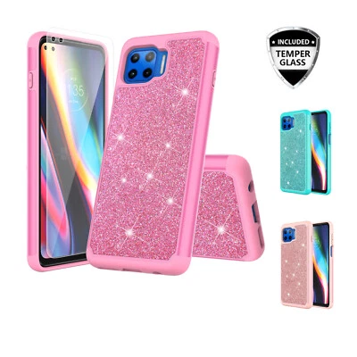 For Moto G 5G Plus Temper Glass Hybrid TPU Bumper Hard Glitter Phone Case - Image 1 of 2