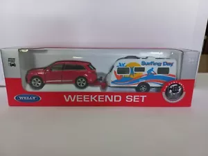 DIE CAST METAL RED AUDI & TRAILER& PLASTIC SURFING CARAVAN 1.37-43 NEW IN BOX 3+ - Picture 1 of 9