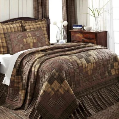 Twin Lodge-Style Quilt Country Brown Green Plaid Block Cotton Patchwork Prescott - Image 1 of 4