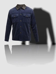 $495 Neiman Marcus Men's Blue Leather Collar Corduroy Trucker Jacket Size S - Picture 1 of 1