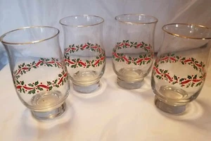 4 Libbey Vintage 12oz Arbys Christmas Holly Berry Gold Rim Glasses Tumblers - Picture 1 of 3