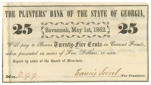 1862 Planters' Bank of the State of Georgia GA 25 centavos No.299 (L0027) - Imagen 1 de 2