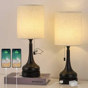 Table Lamp Set of 2 with USB Ports & AC Outlet Pull Chain Switch Bedside Lamps - Picture 1 of 10