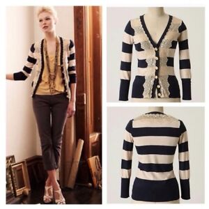 NEW Anthropologie Charlotte Tarantola Field Game Striped Lace Navy Cardigan 