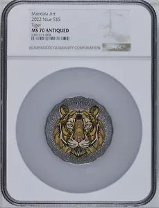NGC MS70 TIGER Mandala Kunst 2oz Antik Silber Münze Niue 2022 - Bild 1 von 2