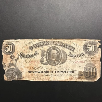 T8 1861 $50 Confederate States Note Only 123,564 issued-Rare note - Image 1 of 4