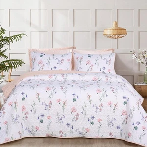 Pink Floral Quilts Queen Size, 3-Piece Lightweight Reversible Printed Quilted... - Picture 1 of 7