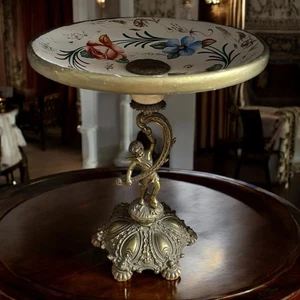 Vintage Hand Painted Tall Centerpiece Stand Tazza Cherub Porcelain Metal 14 x 12 - Picture 1 of 24