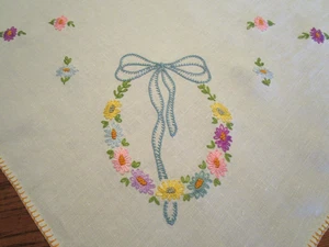Vintage Beige Linen Hand Embroidered Crewel Aqua Bow  Flowers Tablecloth 42 X 46 - Picture 1 of 4
