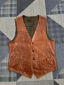 Vintage 1970s Dark Leather Vest Button Front Pockets Rockabilly Mens Size 36 - Picture 1 of 5