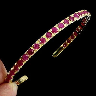 925 Sterling Silver Bangle Round Ruby 3mm Natural Gemstone Jewelry 6.7inches - Image 1 of 4