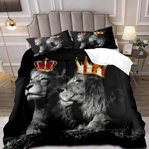 3-teiliges Bettdecken-Set König der Löwen & Königin Queen Size, Goldkrone afrikanische Safari Wi... - Bild 1 von 7