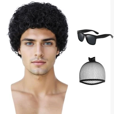 Mens Short Curly Hair Wig + Glasses for Male 70s 80s Disco Wig Guy Afro Curly... - Image 1 of 4