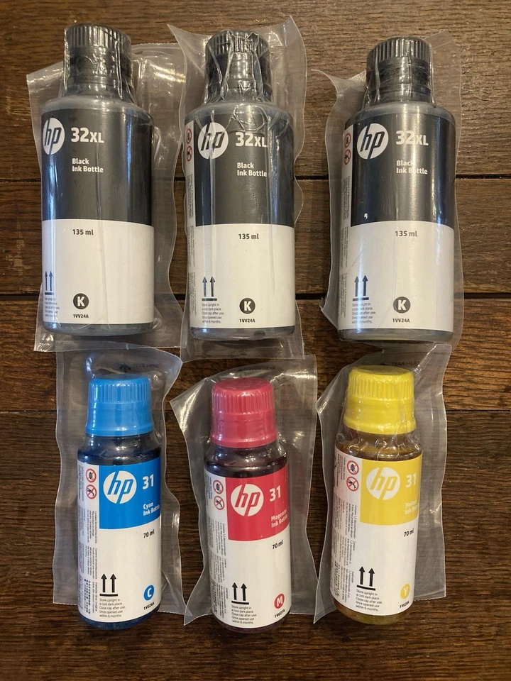 6pk HP Genuine 32XL Black & 31 Cyan Magenta Yellow Ink Bottles - Image 1 of 2