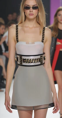 Nuovo Donna Nero Elastico Cintura Larga Oro Metallo Catena Collegamento Fit XS S - Immagine 1 di 4