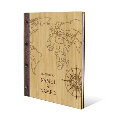 Personalisiertes Stammbuch Bambus Leder Stammbuchformat A5 - Weltkarte - Bild 1 von 4