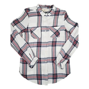 Thread & Supply Womens White Plaid Roll Tab Sleeve Button Up Shirt Rayon Size L - Picture 1 of 9